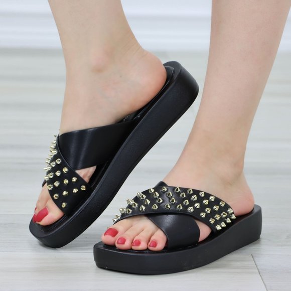 Black Sliders Slip On Sandals Faux Leather Gold Metal Stud Criss Cross - Picture 10 of 12